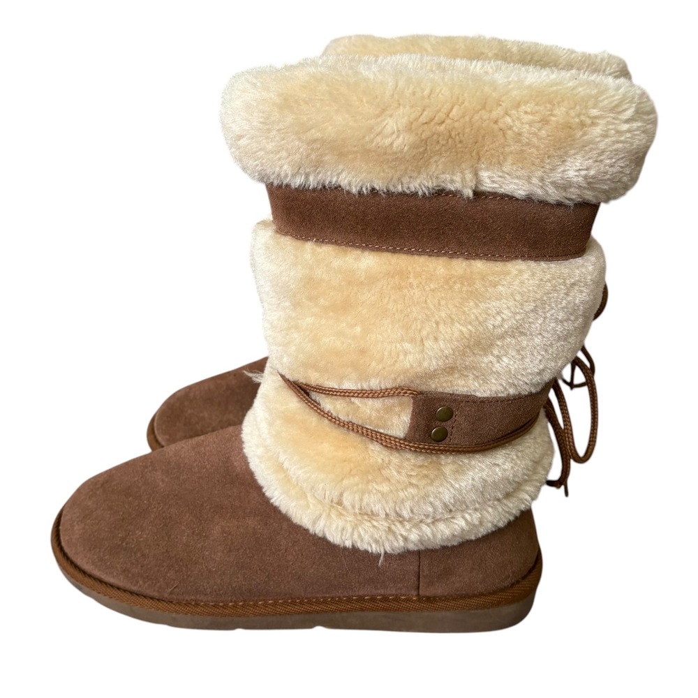 Natural Reflections Genuine Leather Fur Winter Boots 10 Brown Apre Ski McBling